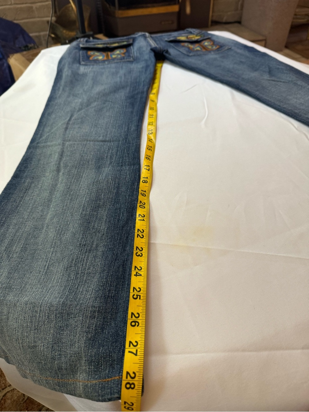 Frankie B. Blue Denim Flared Jeans with Colorful Embroidered Butterfly Pockets - Picture 5 of 6